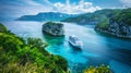 A cruise ship navigating through a tropical bay with clear blue water and lush greenery surrounding Royalty Free Stock Photo