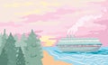 Cruise ship near the shore on a sunset background. Vector illustration Royalty Free Stock Photo