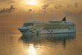 Cruise ship Norwegian Dawn enters the port of Bermuda at sunrise