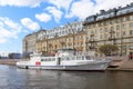 Cruise ship parked at the Mytninskaya embankment in St. Petersburg