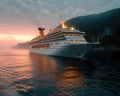 the cruise ship is parked at the shore near mountains at sunset Royalty Free Stock Photo