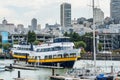 Cruise ship parking at the Fisherman`s Wharf Pier 39 marina in San Francisco, California, USA