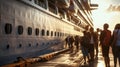 Cruise ship and passengers in port, cruise ship standing at the seaport preparing to board passengers