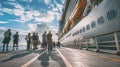 Cruise ship and passengers in port, cruise ship standing at the seaport preparing to board passengers