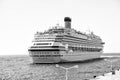 Cruise ship on philipsburg, sint maarten coast. Ocean liner in blue sea on sunny sky. Water transport and vessel. Luxury