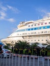 Cruise ship at the pier. Huge ship on the pier. Astoria Grande. Vacation on a cruise. At the parking lot. Expensive trip. Royalty Free Stock Photo