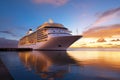 Cruise ship in the port of Hamburg at sunset, Germany, A large white cruise ship stands near the pier at sunset, AI Generated Royalty Free Stock Photo