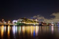 Cruise ship in the Port of Miami at sunset with multiple luxury yachts. Yacht or boat next to Miami downtown. Royalty Free Stock Photo