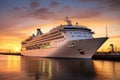 Cruise ship in the port at sunset. Luxury cruise liner, A large white cruise ship stands near the pier at sunset, AI Generated Royalty Free Stock Photo