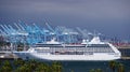 Cruise ship Regatta moored at the outer harbor of the Port of Los Angeles, idle during the Covid 19 shutdown