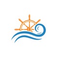 Cruise ship rudder logo design with sea waves.