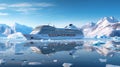 Cruise Ship Sailing in Icy Waters with Snowy Mountains, glaciers and Icebergs. Arctic Voyage. Polar Expedition. Tourism