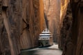 Cruise Ship Sailing Through Narrow Canyon, Majestic Voyage Amidst Impressive Natural Ruggedness, Cruise ship passes a narrow