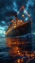 Cruise Ship Sailing in the Ocean at Night Royalty Free Stock Photo