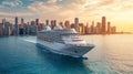 Cruise Ship Sailing Past a City Skyline at Sunset Royalty Free Stock Photo
