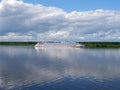 Cruise ship is sailing on the river Volga, Yaroslavl region, Russia