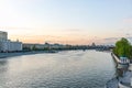 Cruise ship sails on the Moscow river in Moscow city center, popular place for walking