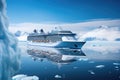 A cruise ship sails through a treacherous, frozen landscape filled with towering icebergs, Cruise ship in majestic north seascape