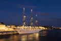 Cruise ship `Sea Cloud II` near the English embankment in Saint-Petersburg summer night Royalty Free Stock Photo
