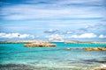 Cruise ship in sea in Great stirrup cay, Bahamas on sunny day. Ocean liner in turquoise water on blue sky. Summer vacation on cari Royalty Free Stock Photo