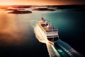 Cruise ship in sea with mountains at sunset. Royalty Free Stock Photo