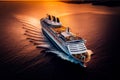 Cruise ship in sea with mountains at sunset. Royalty Free Stock Photo