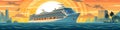 Cruise ship in sea with mountains at sunset panorama, illustration Royalty Free Stock Photo