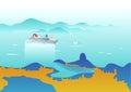 Cruise ship in the sea. Seascape view. Vector illustration on art deco style. Royalty Free Stock Photo