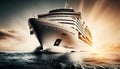 Cruise ship in the sea at sunset. 3d render. Royalty Free Stock Photo