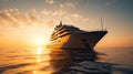 cruise ship in the sea at sunset. Generative AI illustration Royalty Free Stock Photo