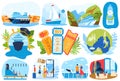 Cruise ship sea vacations set of vector illustration bundle. Summer marine travel in ocean. Passenger ocean liner