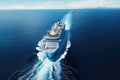 Cruise ship in the sea. View from above. 3d rendering, Aerial front view of a generic cruise ship traveling with speed over blue