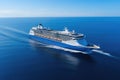 Cruise ship in the sea. View from above. 3d rendering, Aerial front view of a generic cruise ship traveling with speed over blue