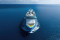 Cruise ship in the sea. View from above. 3d rendering, Aerial front view of a generic cruise ship traveling with speed over blue