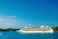 Cruise ship at seaside. Ocean liner in blue sea on sunny sky. Water transport and vessel. Travel by sea, wanderlust Royalty Free Stock Photo