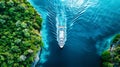A cruise ship is seen sailing in the water of a tropical bay from an overhead perspective Royalty Free Stock Photo
