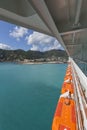 Cruise ship side with lifeboats and balcony. Royalty Free Stock Photo