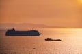 Cruise ship silhouette in Aegean sea on sunset Royalty Free Stock Photo