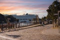 A cruise ship sits in port at the Baltic seaside city of Warnemunde Rostock, Germany at sunset