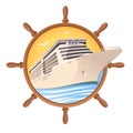 Cruise ship on the steering wheel background. Vector illustration for travel design.