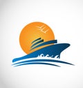 Cruise ship sun and waves logo Royalty Free Stock Photo