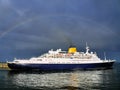 Cruise Ship Under The Rainbow. Royalty Free Stock Photo