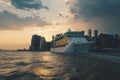 Cruise ship voyaging with an urban backdrop, AI-generated. Royalty Free Stock Photo