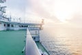 Cruise ship white cabin with big windows. Wing of running bridge of cruise liner. White cruise ship on a blue sky with radar and Royalty Free Stock Photo