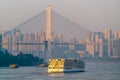 A cruise ship on the Yangtze River under the shining glow of the sunrise passes Cuntan Port Royalty Free Stock Photo