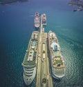 Cruise ships docked at the port of Corfu Greece. Aerial view.
