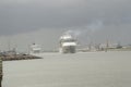 The cruise ships leaving the port