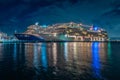 Cruise ships Oceania Vista and Carnival Celebration docked in port of San Juan at night. Royalty Free Stock Photo