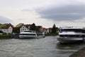 Cruise Ships on the River Danube in the Town Regensburg, Bavaria Royalty Free Stock Photo