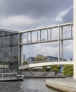 Cruise on the Spree river in the historic center of Berlin Germany, with a view of the double pedestrian bridge